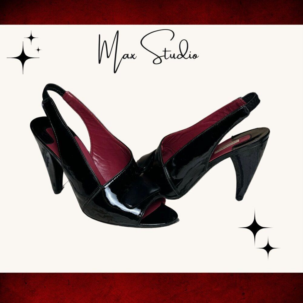 MAX STUDIO  'PEGGY' Black / Burgundy Leather Slingback Pumps w/embellishment EUC